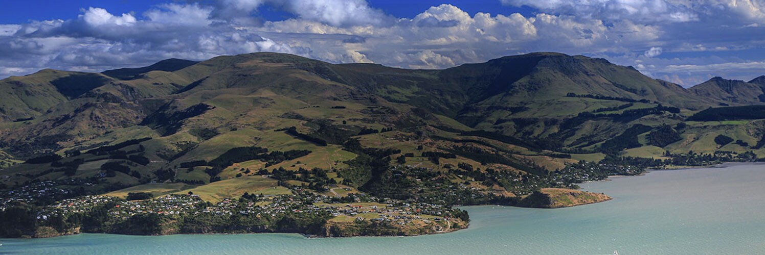 The Port of Lyttelton taken from the hills above. Banks Peninsula, Canterbury, New Zealand.