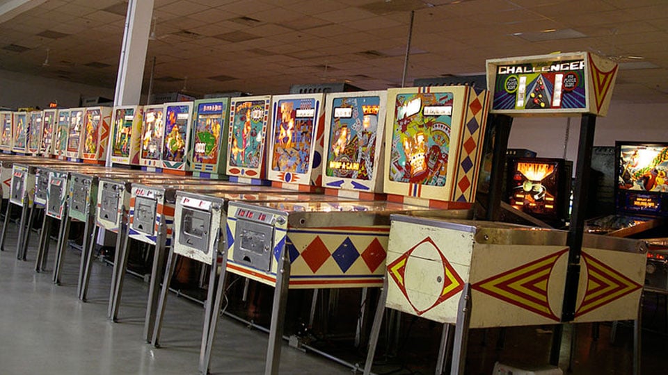 Row of vintage machines at the Pinball Hall of Fame in Las Vegas