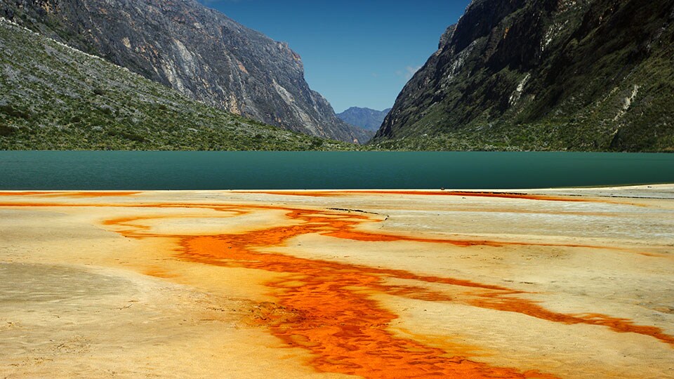 A view of the river near Cordillera Blanca, the highest mountain range in the tropics